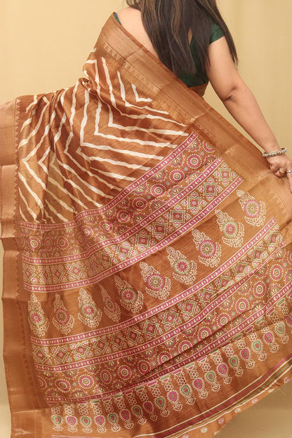 Brown Leheriya Print Tussar Silk Saree - Luxurion World
