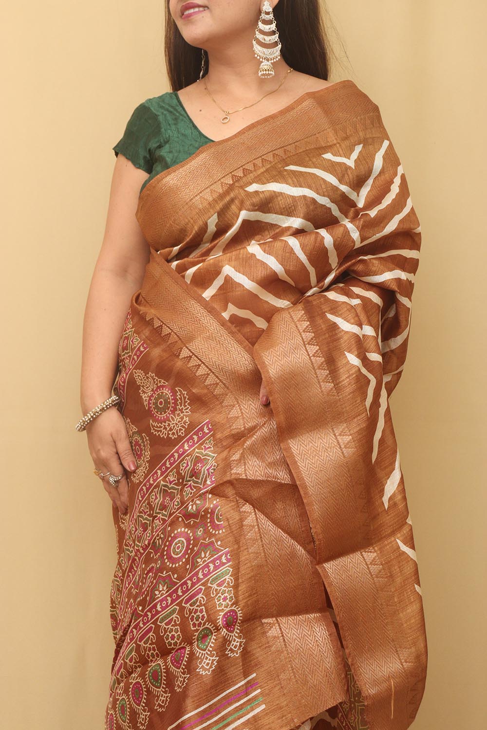 Brown Leheriya Print Tussar Silk Saree - Luxurion World