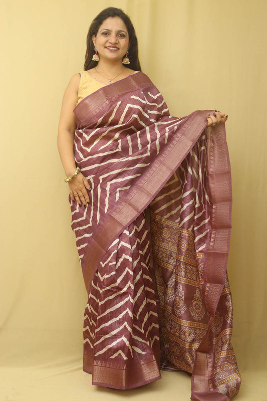 Purple Leheriya Print Tussar Cotton Silk Saree