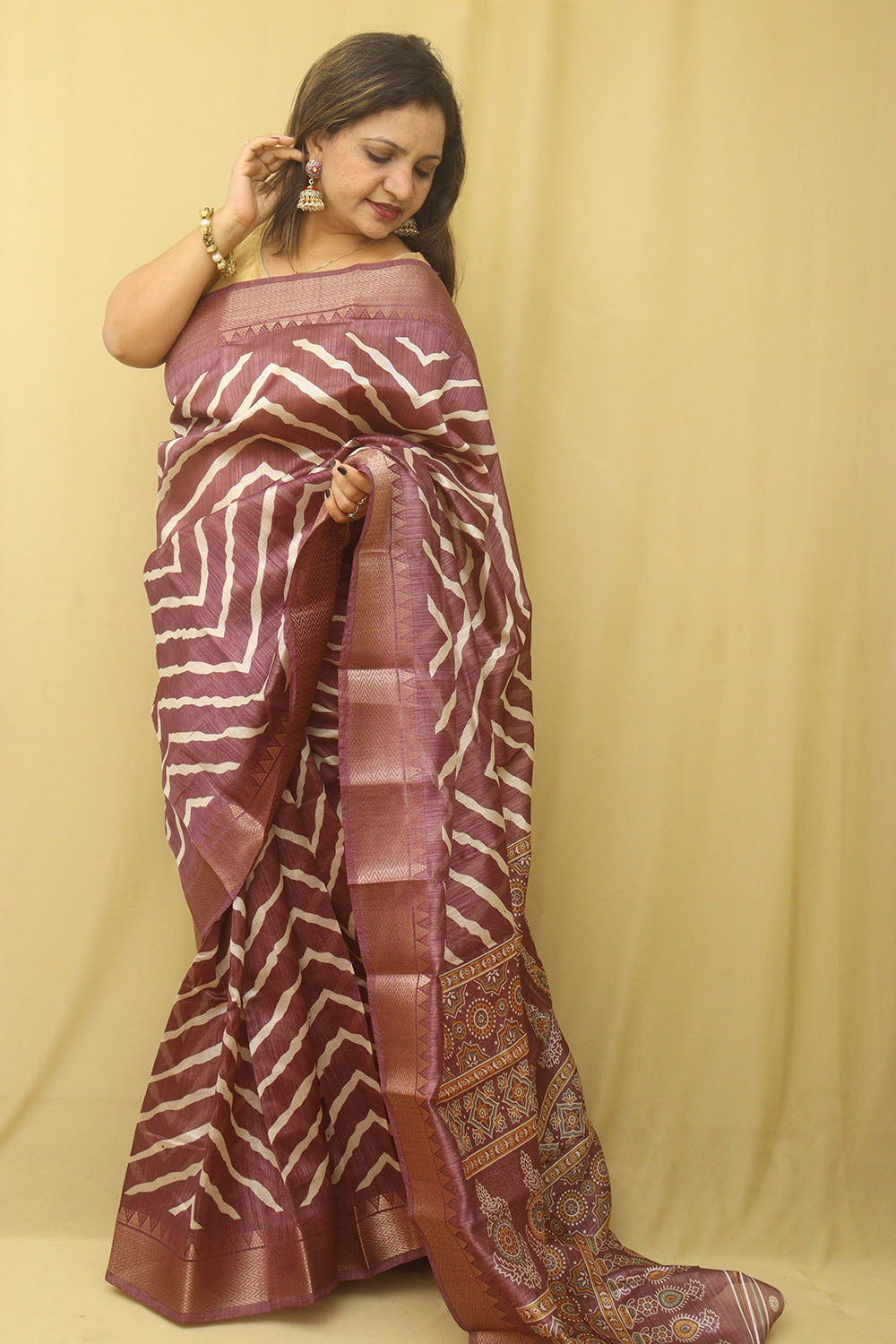 Stunning Purple Leheriya Print Tussar Saree - Luxurion World