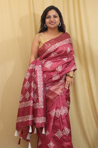 Red Block Printed Tussar Saree with Silk Blend - Luxurion World