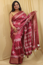 Red Block Printed Tussar Saree with Silk Blend - Luxurion World