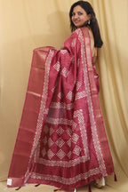 Red Block Printed Tussar Saree with Silk Blend - Luxurion World