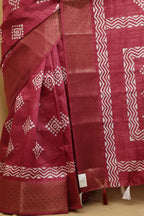 Red Block Printed Tussar Saree with Silk Blend - Luxurion World