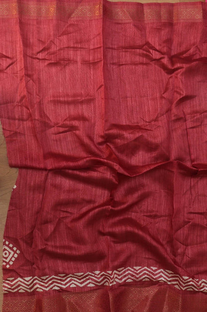 Stunning Red Block Printed Tussar Saree with Silk Blend - Luxurion World
