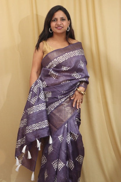 Purple Tussar Silk Saree with Block Print - Luxurion World
