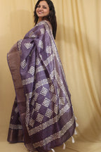 Purple Tussar Silk Saree with Block Print - Luxurion World