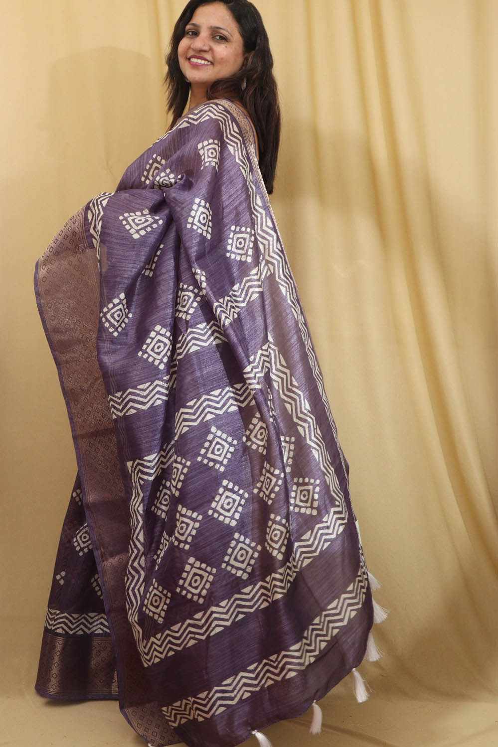 Purple Tussar Silk Saree with Block Print - Luxurion World