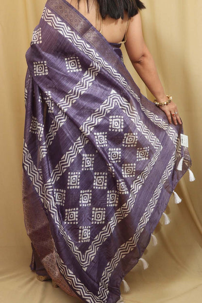 Purple Tussar Silk Saree with Block Print - Luxurion World