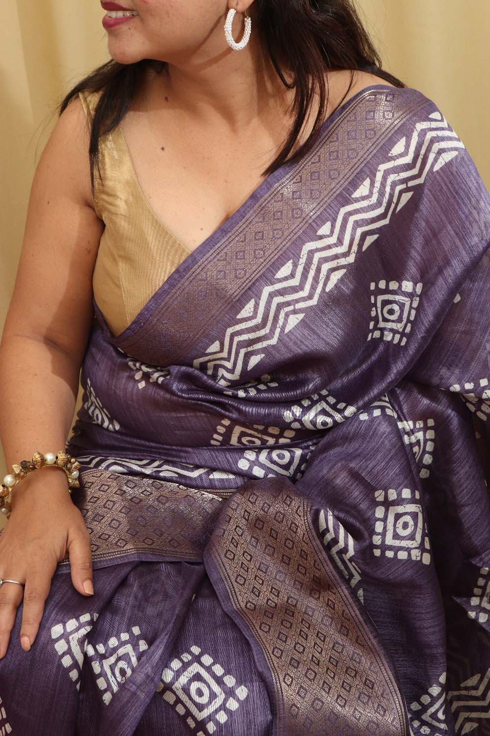 Purple Tussar Silk Saree with Block Print - Luxurion World