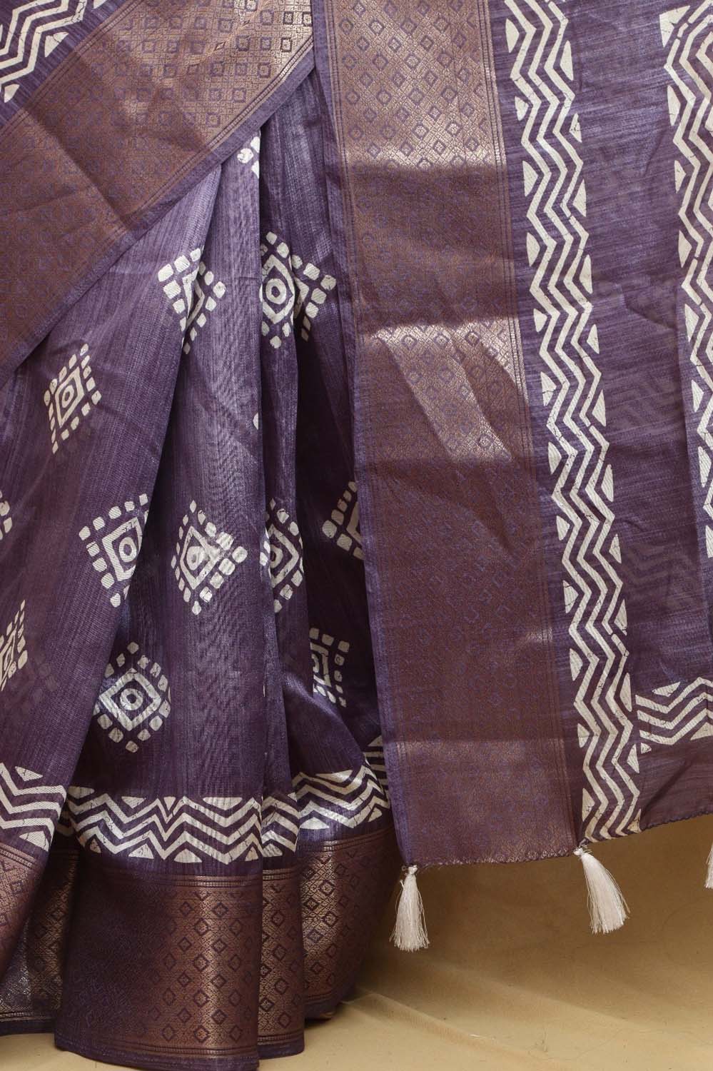 Exquisite Purple Block Printed Tussar Silk Saree - Luxurion World
