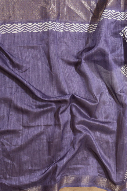 Purple Tussar Silk Saree with Block Print - Luxurion World