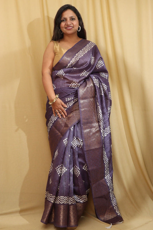 Exquisite Purple Block Printed Tussar Silk Saree - Luxurion World