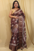 Elegant Maroon Block Printed Tussar Silk Saree - Luxurion World