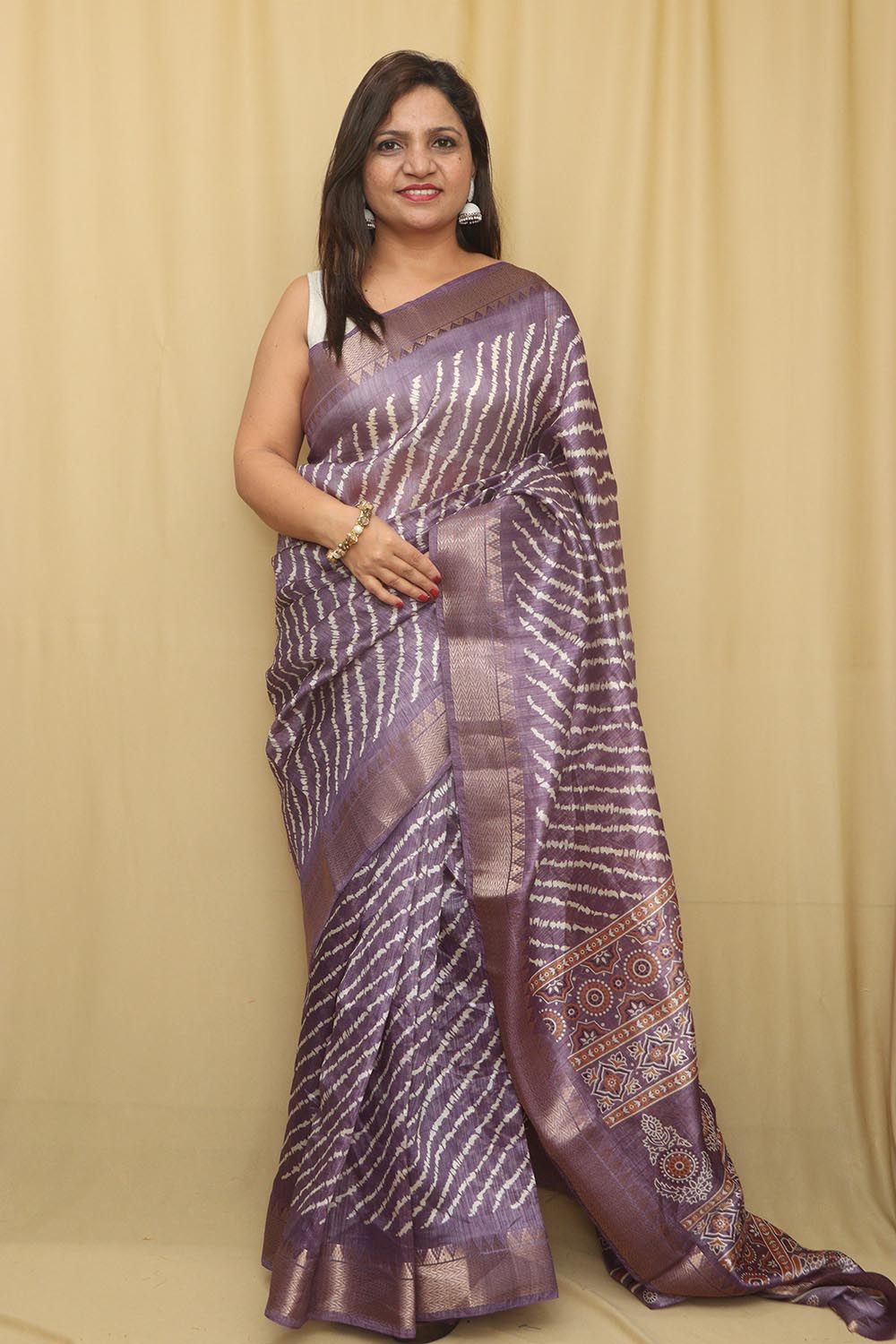 Elegant Purple Leheriya Print Tussar Silk Saree - Luxurion World