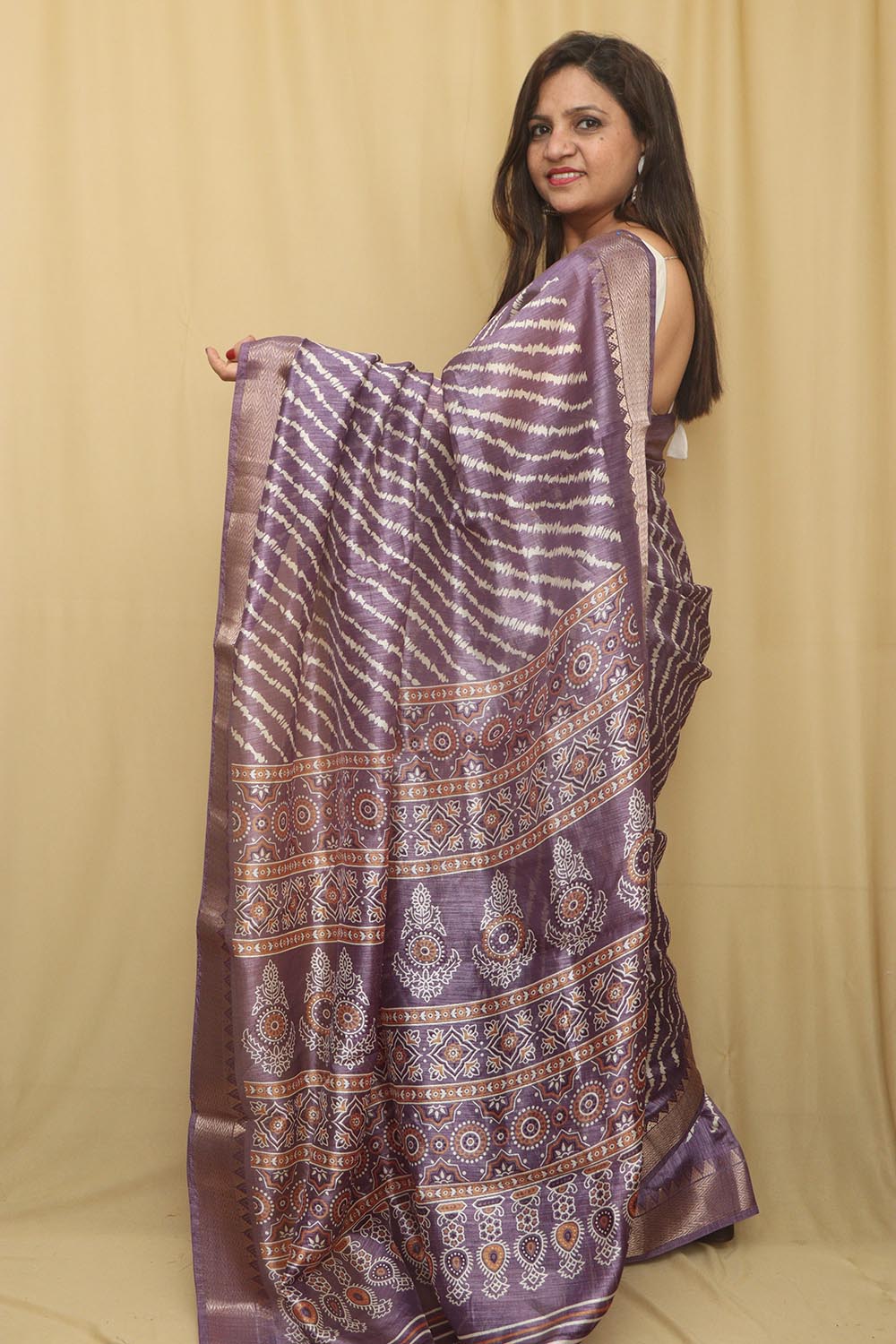 Elegant Purple Leheriya Print Tussar Silk Saree - Luxurion World