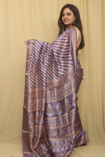 Elegant Purple Leheriya Print Tussar Silk Saree - Luxurion World