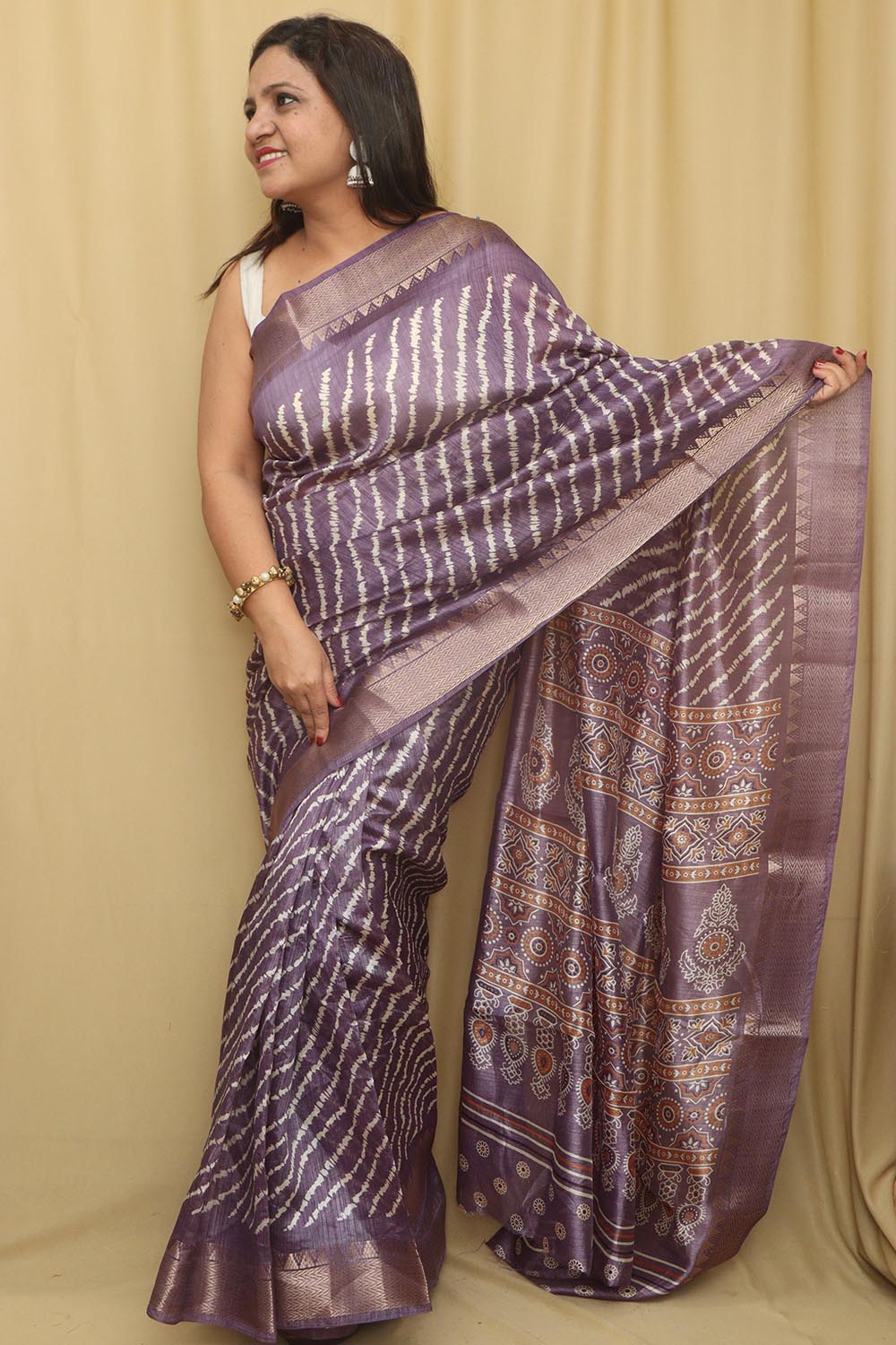 Elegant Purple Leheriya Print Tussar Silk Saree - Luxurion World