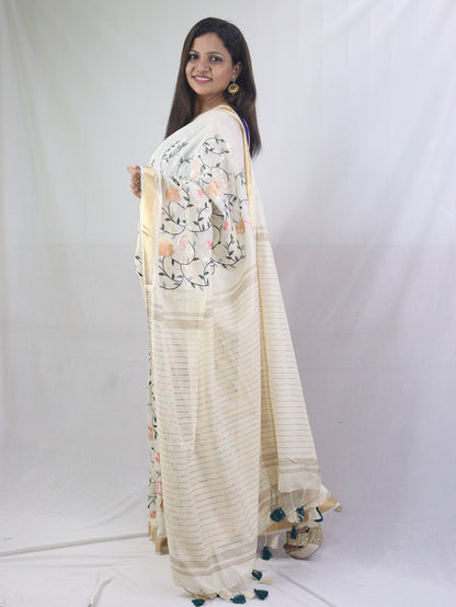 Stunning Pastel Linen Silk Saree with Intricate Embroidery - Luxurion World