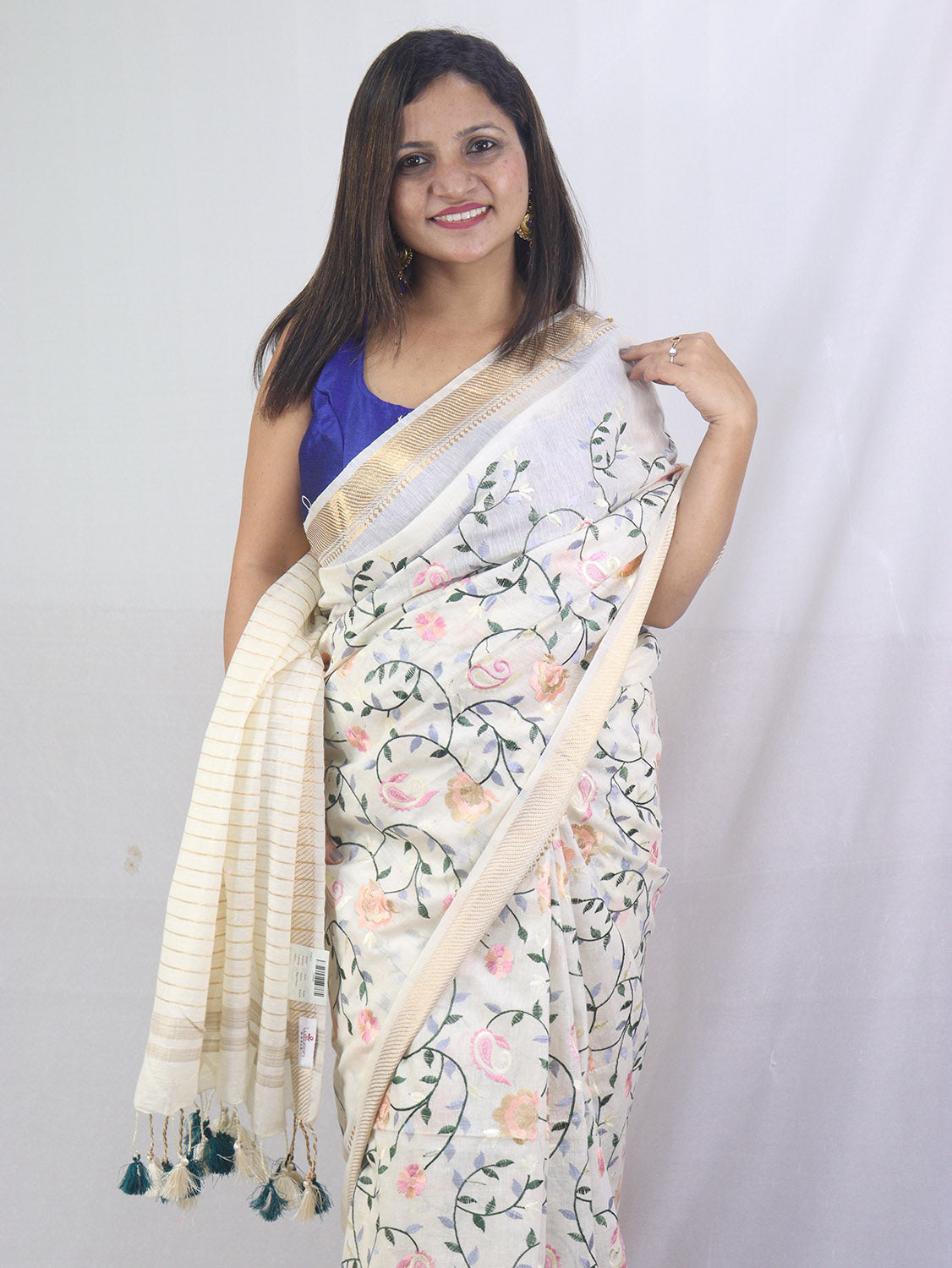 Stunning Pastel Linen Silk Saree with Intricate Embroidery - Luxurion World