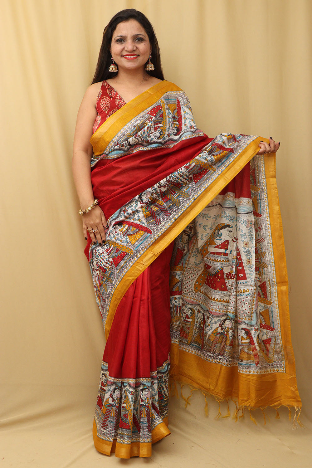Vibrant Red Madhubani Cotton Silk Saree with Digital Print - Luxurion World