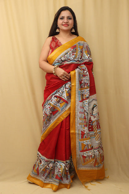 Vibrant Red Madhubani Cotton Silk Saree with Digital Print - Luxurion World