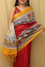 Vibrant Red Madhubani Cotton Silk Saree with Digital Print - Luxurion World