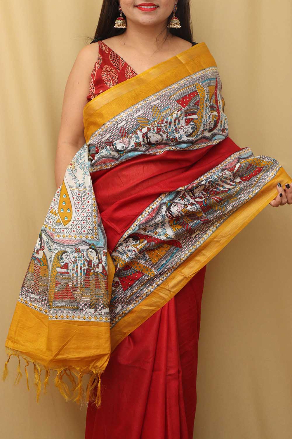 Vibrant Red Madhubani Cotton Silk Saree with Digital Print - Luxurion World