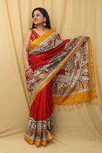 Vibrant Red Madhubani Cotton Silk Saree with Digital Print - Luxurion World