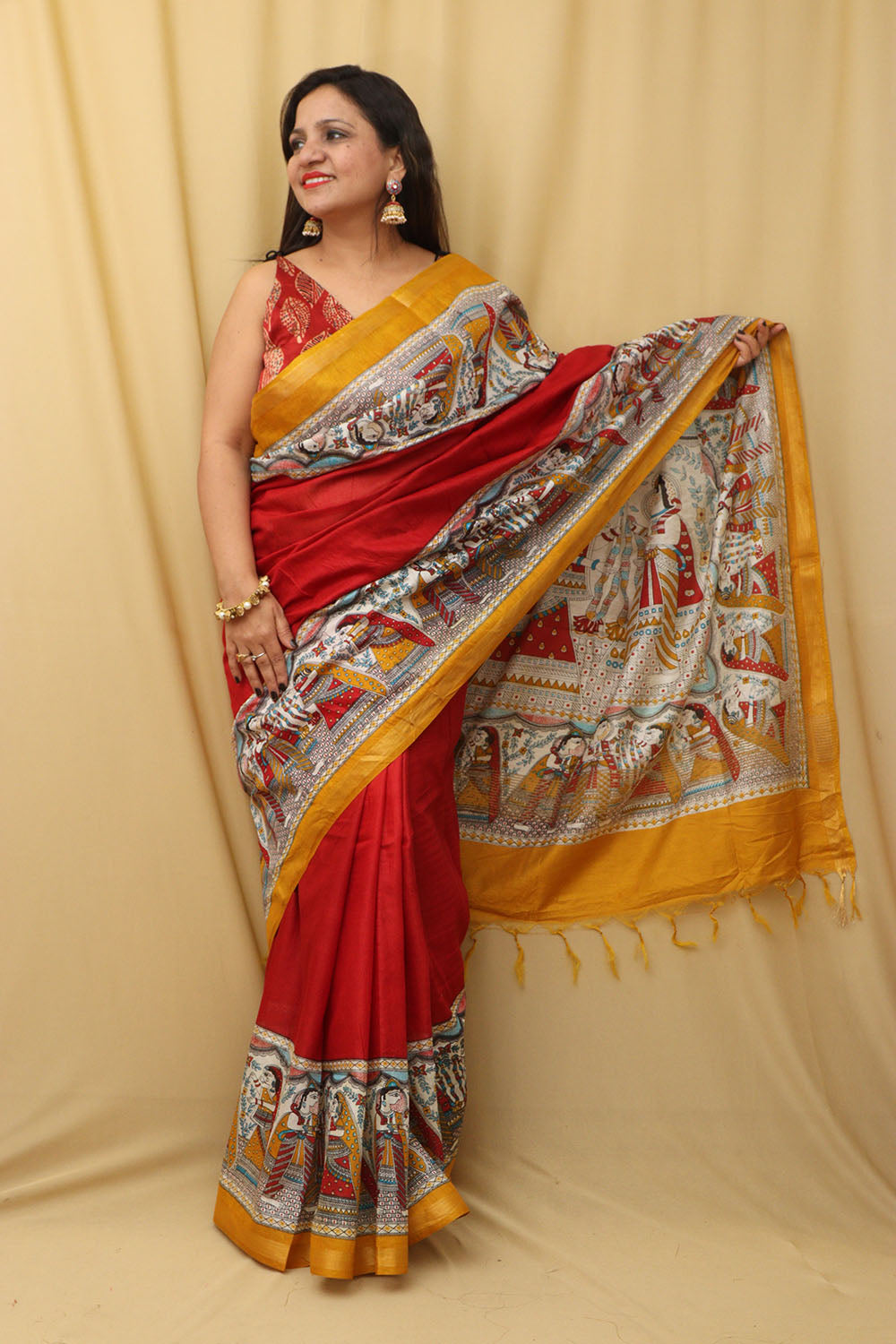 Vibrant Red Madhubani Cotton Silk Saree with Digital Print - Luxurion World