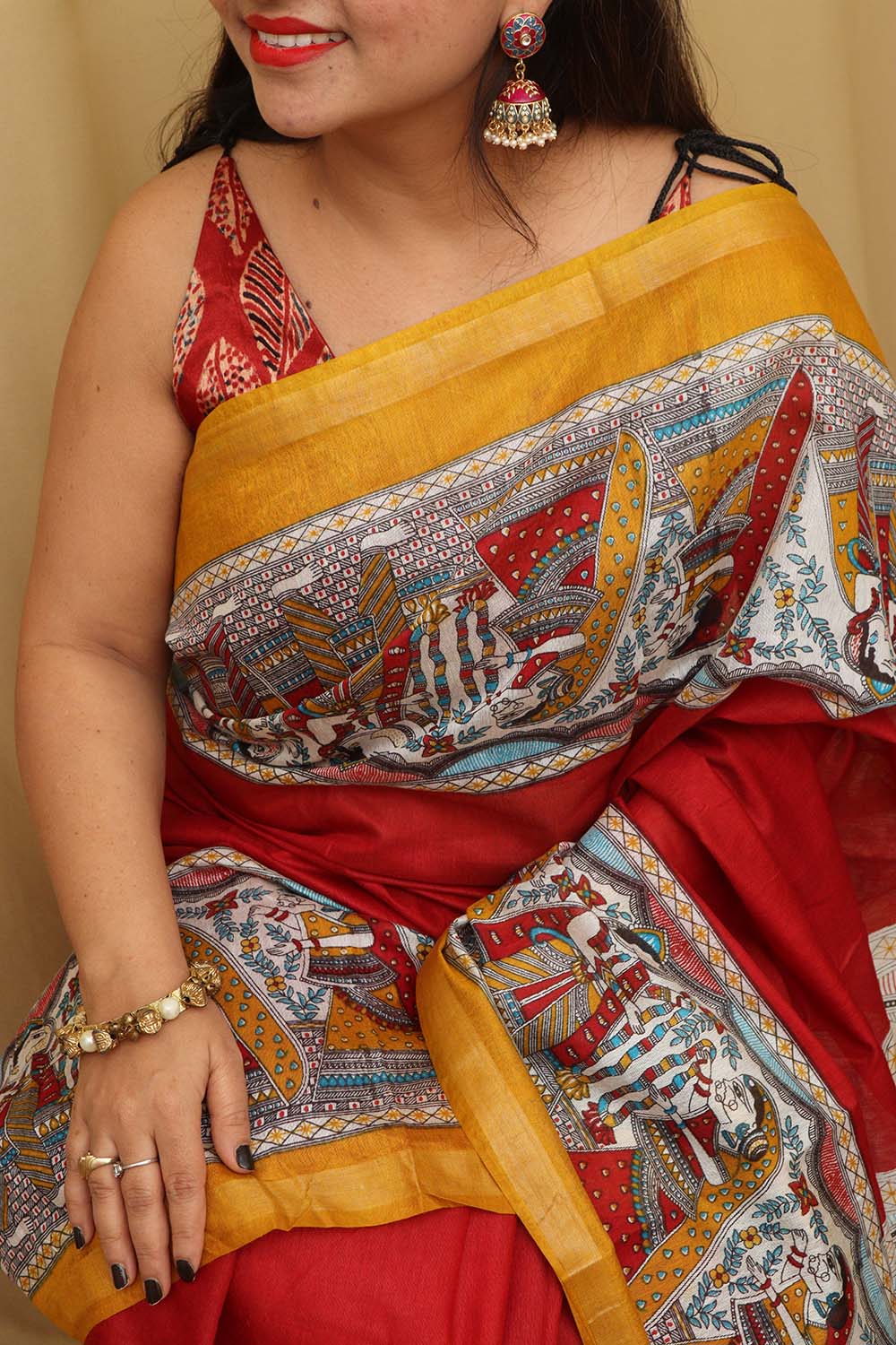 Vibrant Red Madhubani Cotton Silk Saree with Digital Print - Luxurion World
