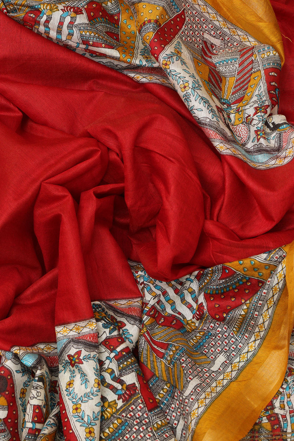 Vibrant Red Madhubani Cotton Silk Saree with Digital Print - Luxurion World
