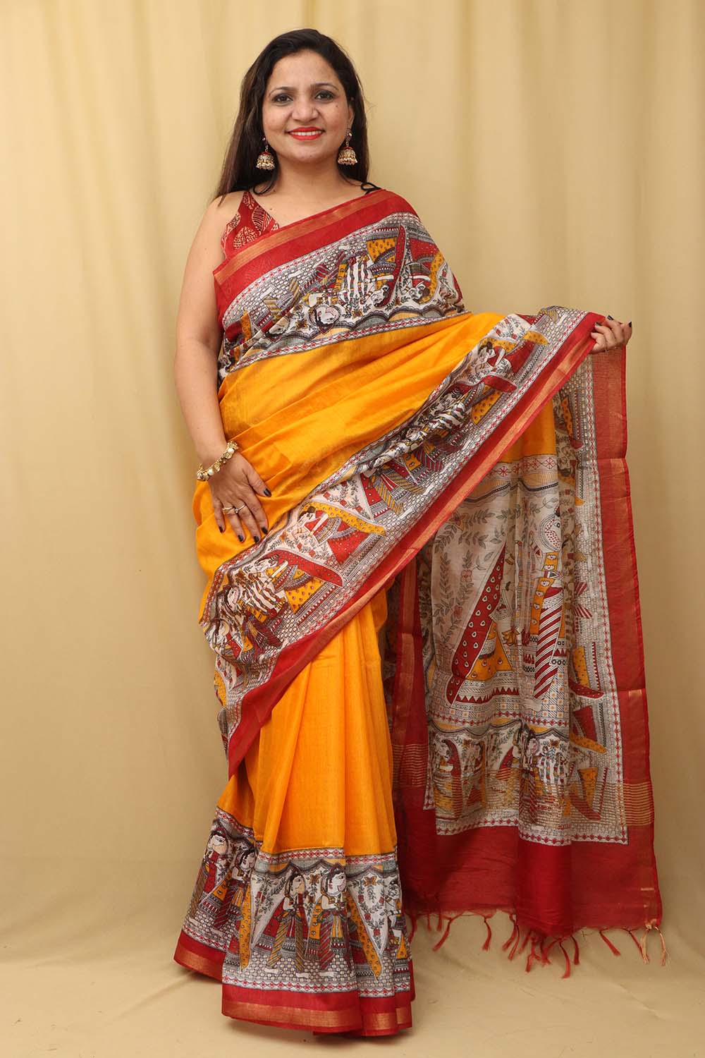Vibrant Yellow Madhubani Cotton Silk Saree - Digital Print - Luxurion World