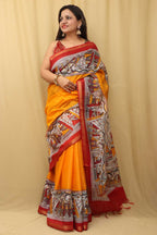 Vibrant Yellow Madhubani Cotton Silk Saree - Digital Print - Luxurion World