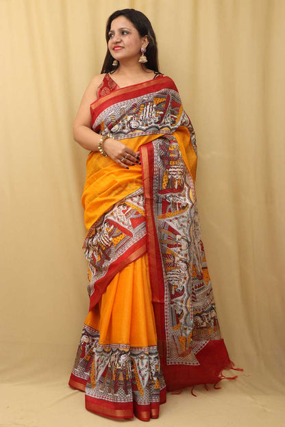 Vibrant Yellow Madhubani Cotton Silk Saree - Digital Print - Luxurion World