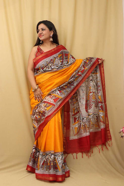 Vibrant Yellow Madhubani Cotton Silk Saree - Digital Print - Luxurion World