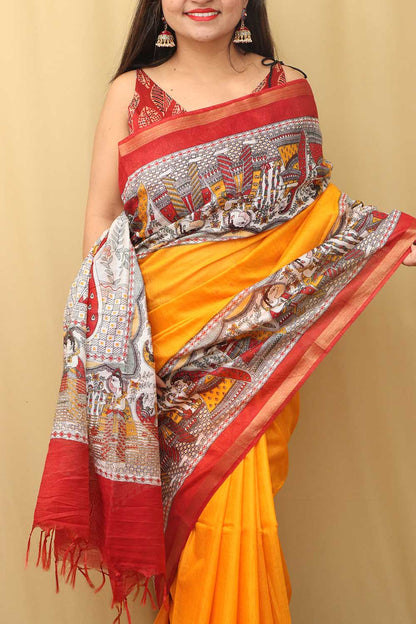 Vibrant Yellow Madhubani Cotton Silk Saree - Digital Print - Luxurion World