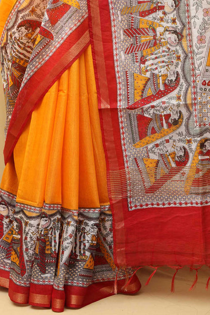Vibrant Yellow Madhubani Cotton Silk Saree - Digital Print - Luxurion World