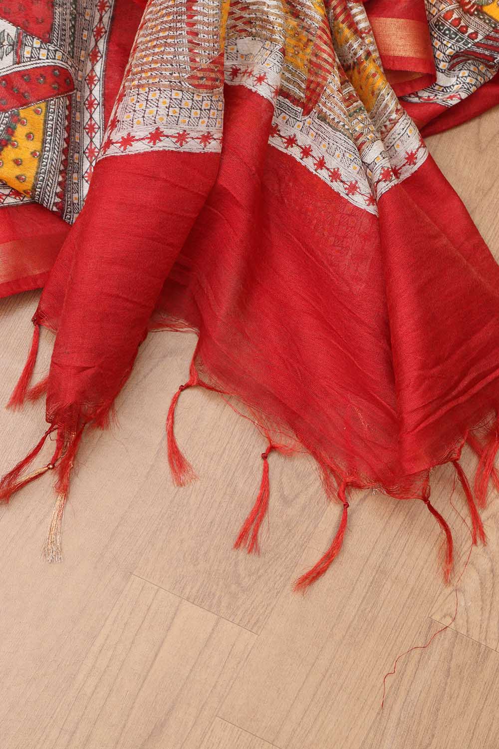 Vibrant Yellow Madhubani Cotton Silk Saree - Digital Print - Luxurion World