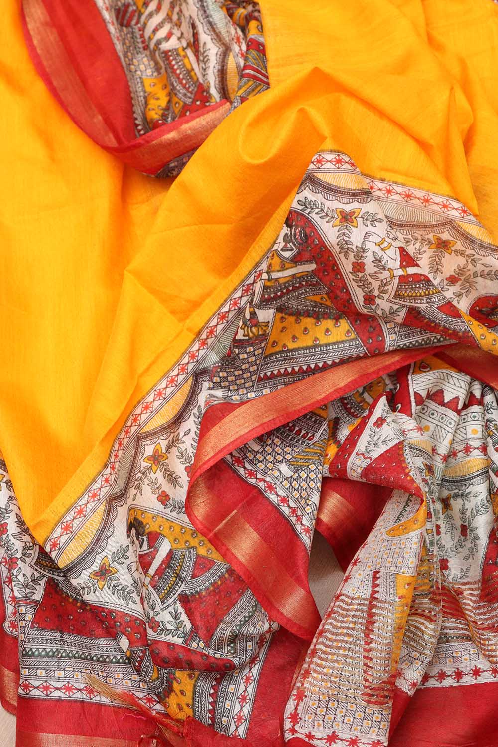 Vibrant Yellow Madhubani Cotton Silk Saree - Digital Print - Luxurion World