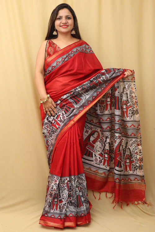 Vibrant Red Madhubani Cotton Silk Saree with Digital Print - Luxurion World