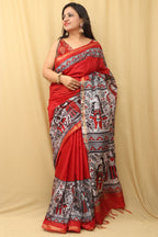 Vibrant Red Madhubani Cotton Silk Saree with Digital Print - Luxurion World