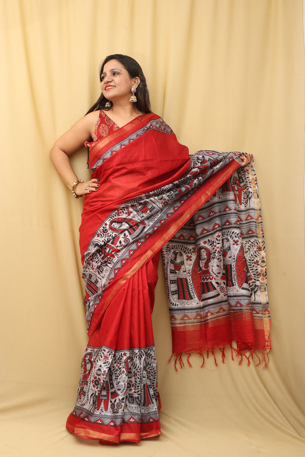 Vibrant Red Madhubani Cotton Silk Saree with Digital Print - Luxurion World