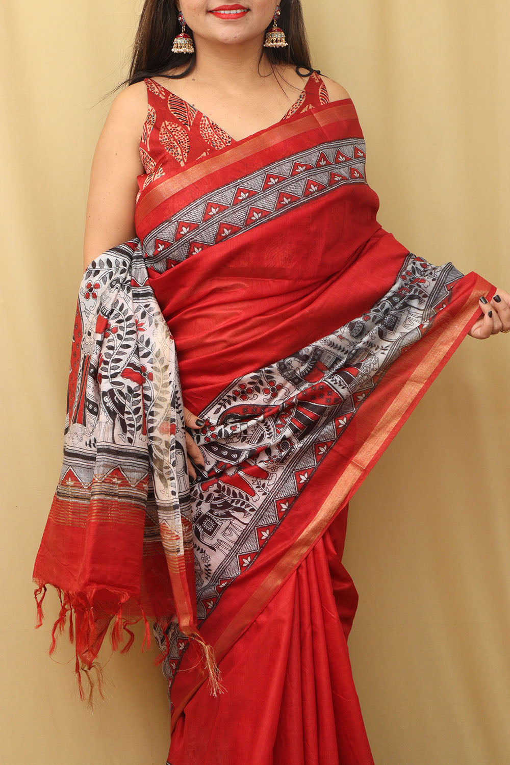 Vibrant Red Madhubani Cotton Silk Saree with Digital Print - Luxurion World