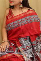 Vibrant Red Madhubani Cotton Silk Saree with Digital Print - Luxurion World