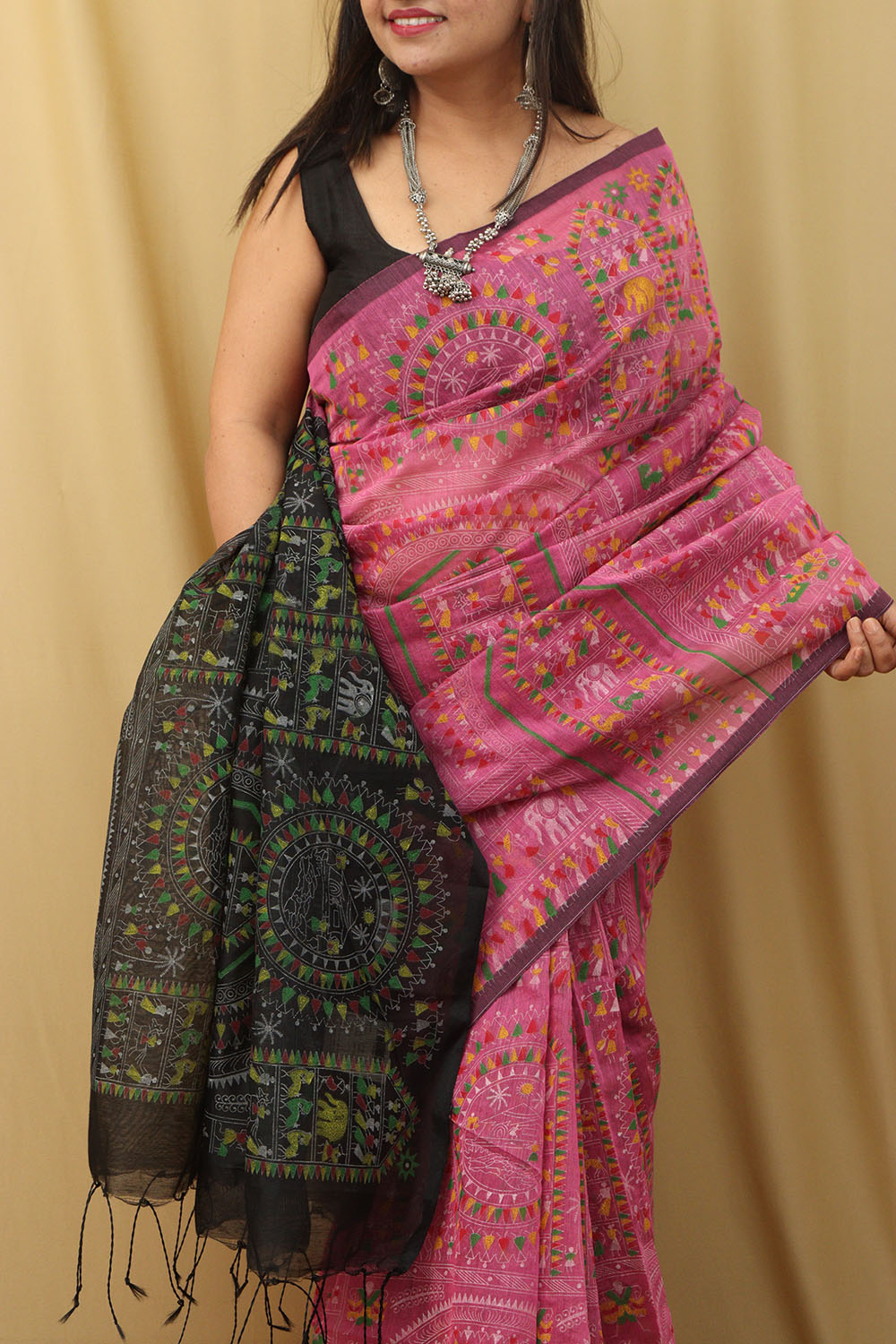 Vibrant Pink Madhubani Cotton Silk Saree - Luxurion World