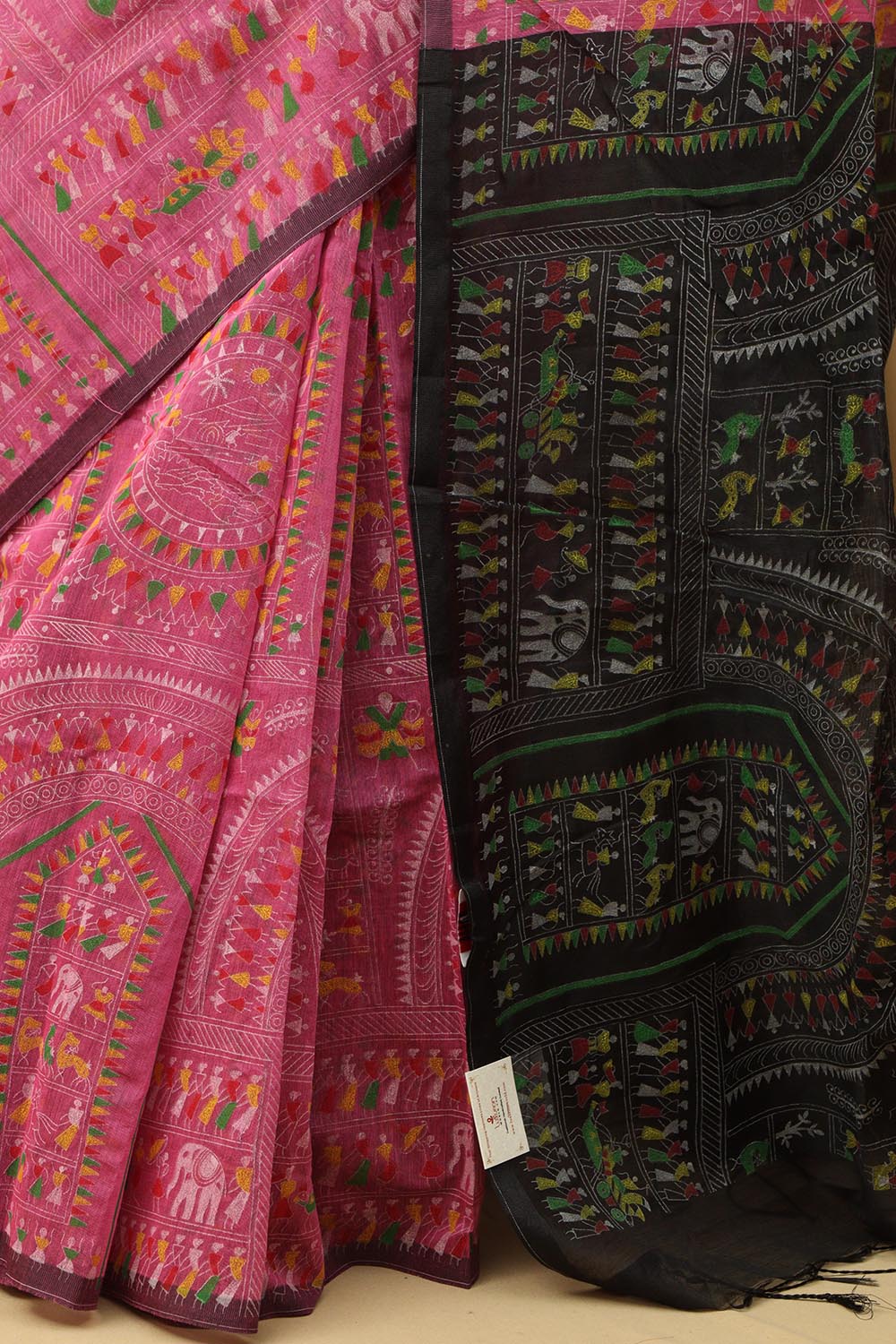 Vibrant Pink Madhubani Cotton Silk Saree - Luxurion World