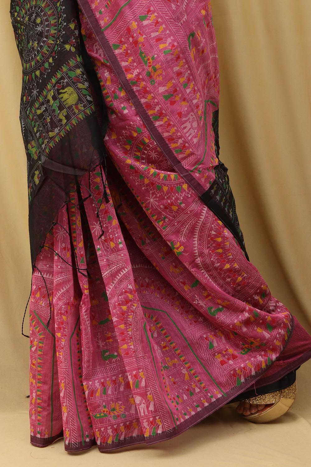 Vibrant Pink Madhubani Cotton Silk Saree - Luxurion World