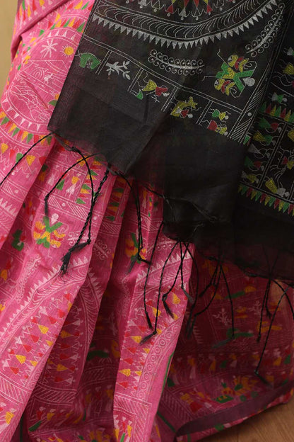 Vibrant Pink Madhubani Cotton Silk Saree - Luxurion World