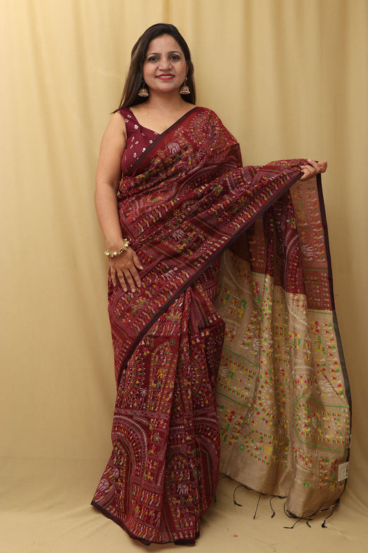 Vibrant Maroon Madhubani Digital Printed Silk Saree - Luxurion World